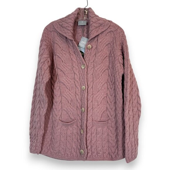 Aran Cardigan Sweater Pink Irish Cable Knit Chunky Ireland Wool Luxury Large - Picture 13 of 13